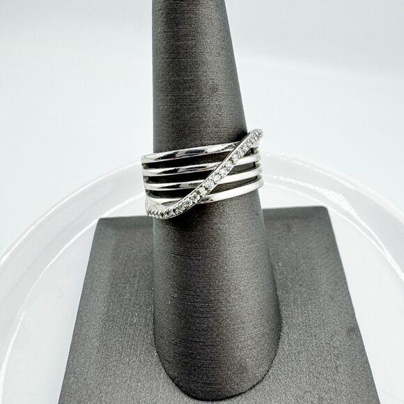 Vintage ALT China Silver Tone Multi Band Ring Clear Crystal Crossover Modern - Picture 8 of 10